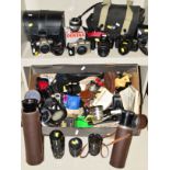 A TRAY AND LOOSE SLR CAMERAS AND ACCESSORIES, including a Canon EOS 5000 fitted with an EF 38-76mm f