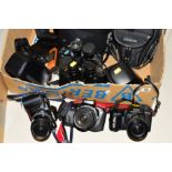 A TRAY OF CAMERAS AND ACCESSORIES, including a Canon EOS 750 fitted with an EF 35-105mm 1:3.5