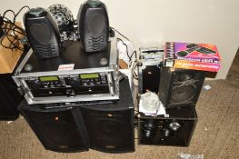 A BOXED PAIR OF KAM ZP SERIES 150 WATTS DJ SPEAKERS, a W Audio DA500 Power amp, two Acme LED830