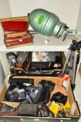 TWO TRAYS OF CAMERAS AND EQUIPMENT, including a Photo Sniper in case, an Olympic Zenit TTL in