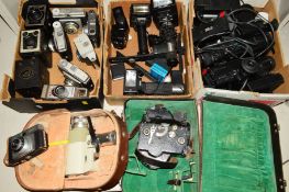 THREE BOXES OF FLASH GUNS, FILM, VIDEO AND CINE CAMERAS AND TWO CASED CINE CAMERAS
