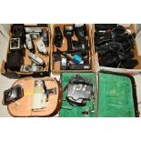 THREE BOXES OF FLASH GUNS, FILM, VIDEO AND CINE CAMERAS AND TWO CASED CINE CAMERAS