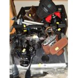 A TRAY OF SLR FILM CAMERAS, ACCESSORIES AND A NEW ALNUMINIUM CASE, this includes a Nikon N6006