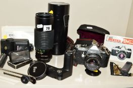 A PENTAX ME SUPER SLR CAMERA, fitted with a 50mm f1.7 lens, a Winder, a Cobra flash unit, a Sun 70-