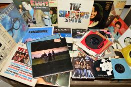 TWO TRAYS OF 30 L.P'S, 12'' AND 70 7'' SINGLES, artists include The Beatles, Elvis Presley, The
