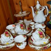 ROYAL ALBERT 'OLD COUNTRY ROSES' TEASET, comprising teapot, two tiered cake stand, six cups, six