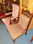 AN EDWARDIAN MAHOGANY PINK UPHOLSTERED PARLOUR CHAIR and another Edwardian chair (2)