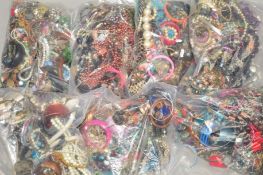 SEVEN BAGS OF MIXED COSTUME JEWELLERY etc