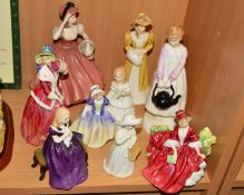 SEVEN ROYAL DOULTON FIGURES, 'Polly, Put the Kettle On' HN3021 (cracked base), 'Lydia' HN1908, '
