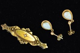 A LATE VICTORIAN DIAMOND BROOCH AND A PAIR OF 9CT GOLD OPAL EARRINGS, the elongated brooch with