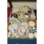 TWO BOXES OF CERAMICS to include W H Goss square stand, Allertons saucers, etc