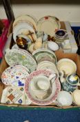 TWO BOXES OF CERAMICS to include W H Goss square stand, Allertons saucers, etc