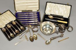 A PARCEL OF SILVER to include a cased set of six teaspoons, Birmingham 1930, a cased child's
