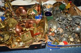 FOUR BOXES OF METALWARES, etc, to include horse brasses, cutlery, candlesticks, plates, trays, etc