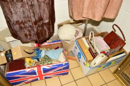 TWO BOXES AND LOOSE HANDBAGS, SCARVES, HATS etc, to include lizard skin handbag, vintage beaded