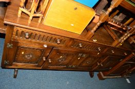 AN OAK REFECTORY TABLE, approximate width 183cm x depth 77cm x height 76cm, five chairs including