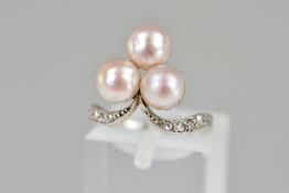 A LATE 19TH TO EARLY 20TH CENTURY ROSE CUT DIAMOND AND TREFOIL PEARL (UNTESTED) RING, estimated