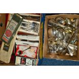 TWO BOXES OF BOXED AND LOOSE CUTLERY AND FLATWARE including carving set, table knives, fruit spoons,