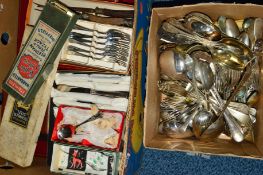 TWO BOXES OF BOXED AND LOOSE CUTLERY AND FLATWARE including carving set, table knives, fruit spoons,