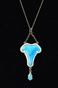 AN EARLY 20TH CENTURY SILVER ENAMEL PENDANT NECKLACE, the pendant designed as a tapered shape with