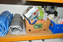 A TESCO MINI STEPPER, BOX OF PLUGS WALL SOCKETS AND FUSES and a box of fitness related items and two