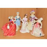 FIVE ROYAL DOULTON FIGURES, 'Caroline' HN3694, 'Christine' HN3767 (fingers broken), 'Lily' (Lady