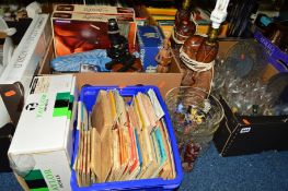 THREE BOXES AND LOOSE GLASSWARES AND SUNDRY ITEMS, to include Ordnance Survey maps, boxed Taylor