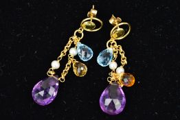 A MODERN PAIR OF MULTI GEMSTONE DROP EARRINGS, to include briolette cut blue topaz, citrine and