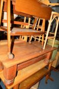 AN OAK COFFEE TABLE, a pine folding bookcase, a pine shoe rack, etc (4)