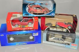 FIVE BOXED DIE-CAST CARS, to include Burago, Solido, Revell etc