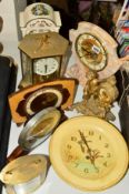 EIGHT VARIOUS CLOCKS AND TIMEPIECES to include a Smith's wall clock, an onyx mantel clock, a