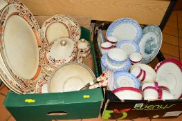 TWO BOXES OF CERAMIC TEA/DINNERWARES, etc to include Derby fruit bowl with some servers, Wedgwood '