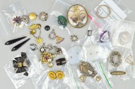 A PAIR OF LATE VICTORIAN EARRINGS, A BUG BROOCH AND A SELECTION OF MAINLY LATE 19TH TO EARLY 20TH