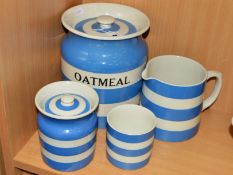 FOUR PIECES OF T G GREEN CORNISH WARE to include 'Oatmeal' storage jar, black shield backstamp, a