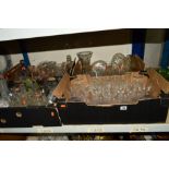 FOUR BOXES AND LOOSE CUT AND PRESSED GLASS, etc, including decorative light shades