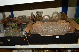 FOUR BOXES AND LOOSE CUT AND PRESSED GLASS, etc, including decorative light shades