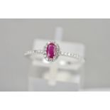 A 9CT GOLD RUBY AND DIAMOND CLUSTER RING, the oval ruby within a brillaint cut diamond surround to