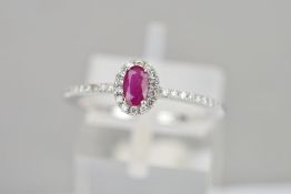 A 9CT GOLD RUBY AND DIAMOND CLUSTER RING, the oval ruby within a brillaint cut diamond surround to