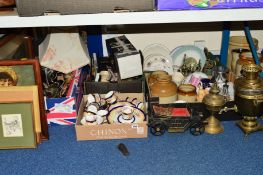 FIVE BOXES OF SUNDRY ITEMS to include tea wares, metal ware, books and pictures etc (all proceeds to
