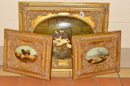 THREE DECORATIVE VICTORIAN STYLE OIL PAINTINGS OF ANIMALS, set within oval aperture gilt frames, one