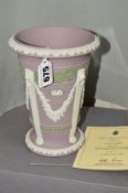 A BOXED LIMITED EDITION WEDGWOOD JASPERWARE MUSEUM SERIES 'PILLAR' VASE, in white and sage green