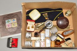 A BOX OF COLLECTABLES to include cigarette lighters, table lighters, pipes, boxed cufflinks,