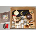 A BOX OF COLLECTABLES to include cigarette lighters, table lighters, pipes, boxed cufflinks,