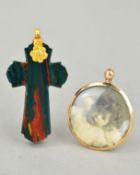 TWO PENDANTS to include a carved bloodstone agate cross fitted with a gold plated pendant piece,