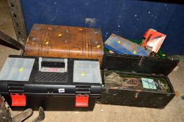 THREE VARIOUS BOXES / TOOL CHESTS and a tin trunk containing various hand tools etc