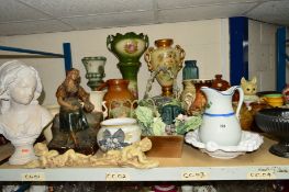 A QUANTITY OF STONEWARE AND CERAMIC ITEMS, etc to include salt glazed jugs, planters and stands,