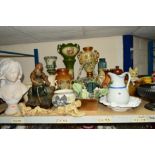 A QUANTITY OF STONEWARE AND CERAMIC ITEMS, etc to include salt glazed jugs, planters and stands,