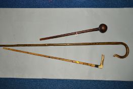 A HARDWOOD KNOBKERRY, a silver collared walking stick and a crook (3)