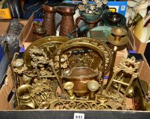 TWO BOXES OF METALWARES to include brass picture stands, copper jugs, brass candlesticks, inkwell,