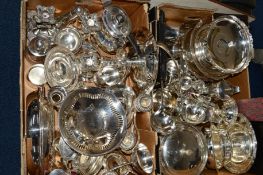 TWO BOXES OF SILVER PLATE including cased serving utensils, cake baskets, soup ladles, tea wares,
